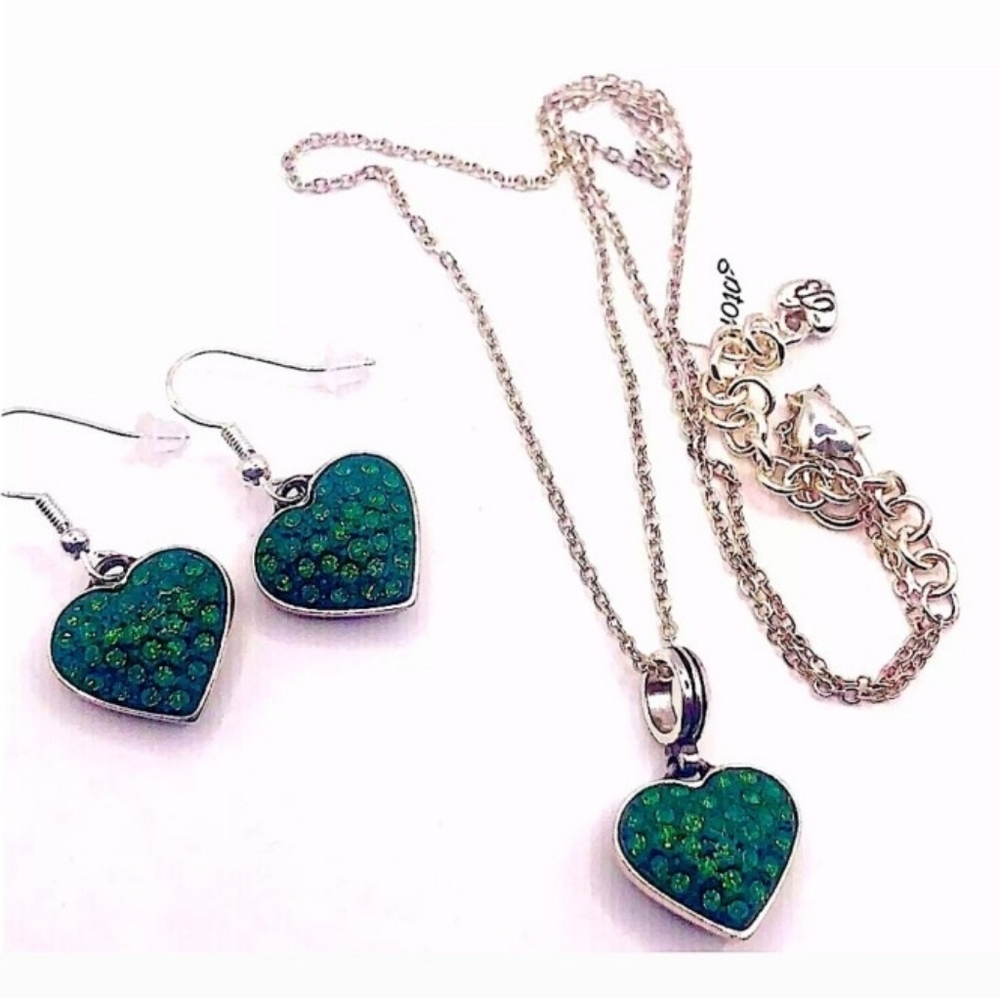 NEW Brighton Heart Earrings & Necklace Set - Silver & Green Crystals